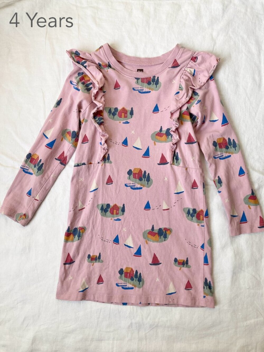 💙2/$25 Tea Collection 4 Years Pink House Trees Ruffle Long Sleeve Dress Fall